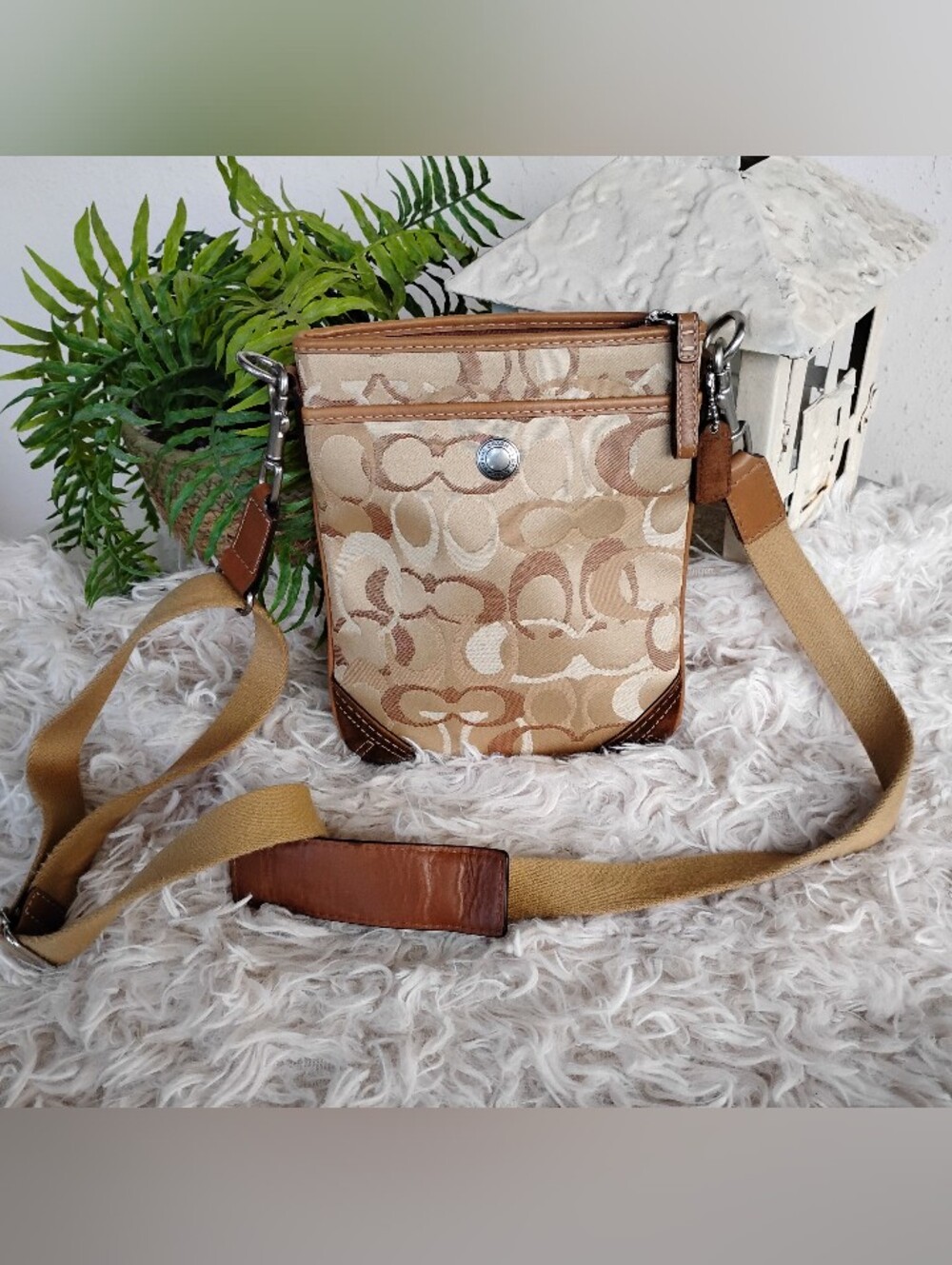 Coach Beige Signature Canvas Messenger with Brown Leather Trim